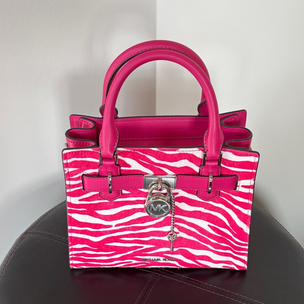 Michael Kors Hot Pink and White Zebra Satchel with MK Charm